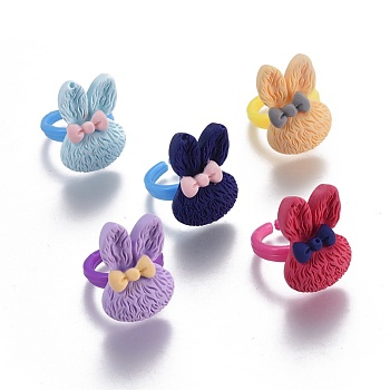 Bunny Resin Rings, with Cuff Colorful Acrylic Ring Components, Rabbit Head with Bowknot, for Kids, Mixed Color, Size 3, 13.5mm