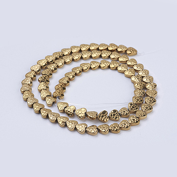 Electroplate Non-magnetic Synthetic Hematite Beads Strands, Heart, Golden Plated, 6x6x2mm, Hole: 1mm, about 75pcs/strand, 16.1 inch(41cm)