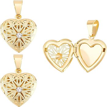 Unicraftale 3Pcs 304 Stainless Steel Diffuser Locket Pendants, with Rhinestone, Heart, Crystal, Golden, 22.5x19x6mm, Hole: 9x5mm, Inner Size: 14x11mm