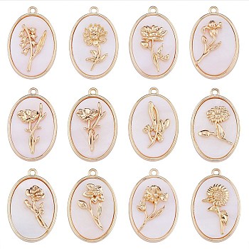 12Pcs 12 Styles Brass Birth Floral Pendants, Oval with Flower Mother of Pearl White Shell Charms, Real 18K Gold Plated, Mixed Patterns, 27x18x4mm, Hole: 1.8mm, 1pc/style 