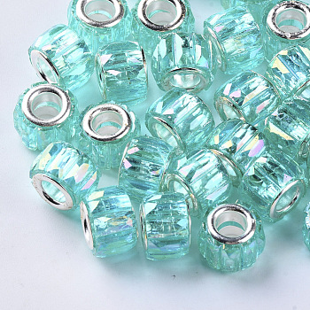 Transparent Resin European Beads, Large Hole Beads, with Silver Color Plated Double Brass Cores, Faceted, AB Color Plated, Column, Turquoise, 11.5x8mm, Hole: 5mm
