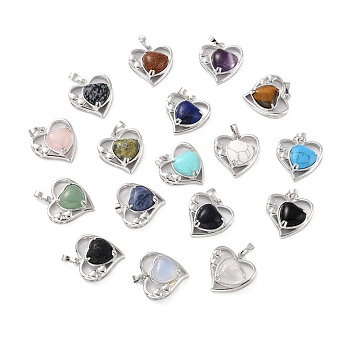 Natural & Synthetic Gemstone Pendants, with Platinum Tone Brass Findings, Cadmium Free & Lead Free, Heart, Valentine's Day, 28x26x5mm, Hole: 8x5mm