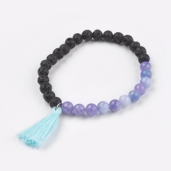 Natural Quartz(Dyed) Stretch Bracelets, Imitation Aquamarine, with Lava Rock and Cotton Thread Tassel, 2-1/8 inch(5.5cm)