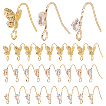 30Pcs 3 Style Brass Micro Clear Cubic Zirconia Earring Hooks, Ear Wire, with Horizontal Loops and 925 Sterling Silver Pins, Golden, 15~20mm, Pin: 0.5~0.7mm, 10Pcs/style