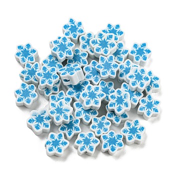 Handmade Polymer Clay Beads, Snowflake, Deep Sky Blue, 8.5x9.5x4mm, Hole: 1.6mm