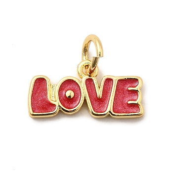 Brass Enamel Charms, Long-Lasting Plated, Lead Free & Cadmium Free, with Jump Ring, Word Love Charm, Real 18K Gold Plated, Rack Plating, FireBrick, 7.5x14x1.5mm, Hole: 3.5mm