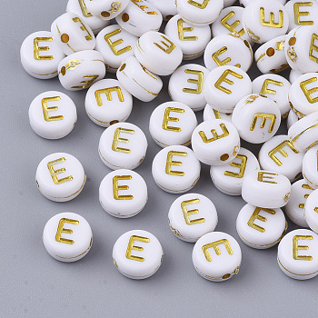 Plating Acrylic Beads, Golden Metal Enlaced, Horizontal Hole, Flat Round with Alphabet, White, Letter.E, 7x3.5mm, Hole: 1.2mm, about 360pcs/50g