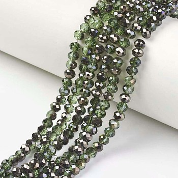 Electroplate Transparent Glass Beads Strands, Half Black Plated, Faceted, Rondelle, Olive Drab, 4x3mm, Hole: 0.4mm, about 123~127pcs/strand, 16.5~16.9 inch(42~43cm)
