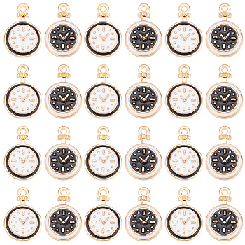 100Pcs 2 Colors Alloy Enamel Pendants, Light Gold, Flat Round with Clock Charm, Mixed Color, 17x11.5x2.5mm, Hole: 1.4mm, 50pcs/color