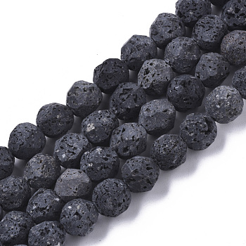 Natural Lava Rock Beads Strands, Round, Bumpy, Faceted, Black, 8x8mm, Hole: 1mm, about 48pcs/strand, 15.16 inch(38.5cm)
