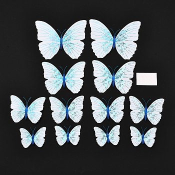 PVC Plastic Artificial 3D Butterfly Decorations, with Adhesive Sticker and Magnet, for Fridge Magnets or Wall Decorations, Light Cyan, 45~95x57~118x5mm, 12pcs/bag