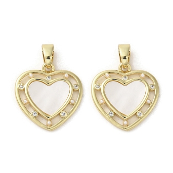 Brass Pave Shell Pendants, Heart Charms with ABS Imitation Pearl and Crystal Rhinestone, Real 18K Gold Plated, 19.5x18.5x2mm, Hole: 3x5mm