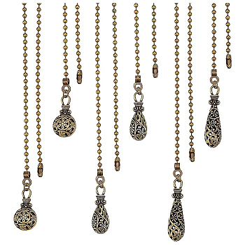 6Pcs 3 Styles Tibetan Style Alloy Ceiling Fan Pull Chain Extenders, with Iron Ball Chain, Hollow-out, Flat Round & Teardrop, Antique Bronze, 333~352mm, 2pcs/styles