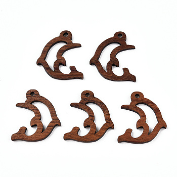 Natural Walnut Wood Pendants, Undyed, Dolphin Charms, Camel, 27x24x2.5mm, Hole: 2mm