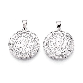 Brass Pave Clear Cubic Zirconia Pendants, Flat Round with Coin Charms, Real Platinum Plated, 26x23.5x4mm, Hole: 6x4mm