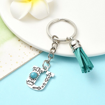 Alloy with Resin Imitation Synthetic Turquoise Keychain, with Tassel Pendant and Iron Rings, Letter U, 8cm, Pendant: 25~35mm