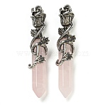 Natural Rose Quartz Faceted Double Termimal Pointed Big Pendants, Hexagonal Prism Charms with Alloy Rose Wrapped, Antique Silver, 59.5x14x10.5mm, Hole: 6.5x4.5mm(G-P547-03AS-01)
