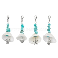 4Pcs 4 Styles Sea Animal Alloy & Natural Shell Pendant Decorations, Synthetic Turquoise Chip & Lobster Clasps Charms for Bag Ornaments, Antique Silver & Platinum, 66~68.5mm, 1pc/style(HJEW-JM02014)