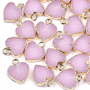 Electroplate Druzy Resin Pendants, with Iron Findings, Heart, Light Gold, Pearl Pink, 15x12x3.5~4mm, Hole: 1mm(RESI-S366-01G)