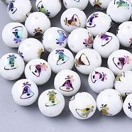 Christmas Opaque Glass Beads, Round with Electroplate Christmas Bell Pattern, Multi-color Plated, 10mm, Hole: 1.2mm(EGLA-R113-06D)