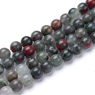Natural African Bloodstone Beads Strands, Round, Heliotrope Stone Beads, 8~9mm, Hole: 1mm, about 46pcs/strand, 15.3 inch(G-R345-8mm-50)