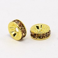 Brass Grade A Rhinestone Spacer Beads, Golden Plated, Rondelle, Nickel Free, Lt.Col.Topaz, 10x4mm, Hole: 2mm(RSB039NF-05G)