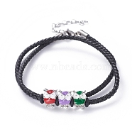 Two Loops Wrap Bracelets, with Leather Cord, Alloy Enamel Beads, Rubber Spacer Beads, 304 Stainless Steel Lobster Claw Clasps and Heart Link Chains, Owl, Black, 16.1 inch(41cm), 3mm(X-BJEW-JB04851-02)