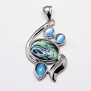 Abalone Shell/Paua Shell Pendants, with Brass Pendant Settings and Cat Eye Cabochons, Oval, Platinum Metal Color, Colorful, 39x26x4.5mm, Hole: 7x4mm(SSHEL-F0001-12)