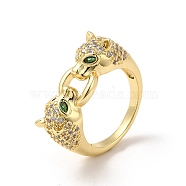 Green Cubic Zirconia Leopard Finger Ring, Brass Jewelry for Women, Cadmium Free & Lead Free, Real 18K Gold Plated, Inner Diameter: 17mm(RJEW-I092-08G)