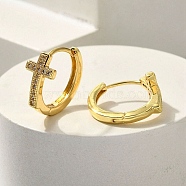 Brass Clear Cubic Zirconia Hoop Earrings, Cross, Real 18K Gold Plated, 16x7mm(EJEW-M047-04G)