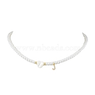 Brass Micro Pave Grade AAA Cubic Zirconia Letter Pendant Necklaces, Heart & Round Baking Painted Pearlized Glass Pearl Beaded Necklaces for Women, Letter J, 15.20 inch(38.6cm)(NJEW-JN04771-10)