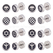 Unicraftale 4Pairs 4 Style Peace Sign & Star & Skull Black Enemal Ear Fake Plugs, Titanium Steel Flat Round Earrings for Woman, Stainless Steel Color, 11x8mm, Pin: 0.6mm, 2pcs/style(EJEW-UN0002-06)