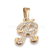 304 Stainless Steel Pendants, with Rhinestone, Letter, Letter.R, 19x16.5x2mm, Hole: 3~3.5x7.5~8mm(STAS-F202-16G-R)