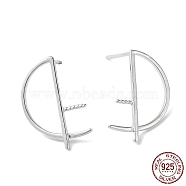 Rhodium Plated 925 Sterling Silver Stud Earring Findings, Half Round, for Half Drilled Beads, with S925 Stamp, Real Platinum Plated, 17x11mm, Pin: 11x0.9mm and 0.8mm(STER-M115-16P)