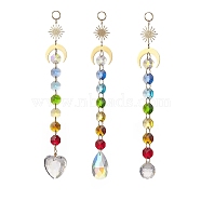 AB Color Glass Heart Teardrop Round Hanging Suncatcher Pendant Decoration, with Glass Octagon Bead and Brass Sun & Moon Link, for Home Decorations, Mixed Color, 206~223mm, 3pcs/set(HJEW-JM00902)