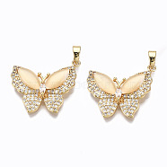 Brass Micro Pave Clear Cubic Zirconia Pendants, with Cat Eye, Butterfly, Light Gold, 19x22.5x4.5mm, Hole: 5x2.5mm(GLAA-S193-022)