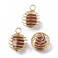 Iron Wrap-around Spiral Bead Cage Pendants, with Natural Red Jasper Beads inside, Round, Golden, 21x24~26mm, Hole: 5mm(IFIN-R239-11G)