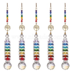 Glass Teardrop Window Hanging Suncatchers, with Malaysia Jade & Quartz Crystal & 7 Chakra Glass Beads, Tree of Life Pendants Decorations Ornaments, Colorful, 369x20.5mm(HJEW-JM00938)