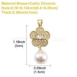 1Pc Rack Plating Brass Micro Pave Cubic Zirconia Pendants, with Plastic Bead, Long-Lasting Plated, Cadmium Free & Lead Free, Flower Charms, Real 18K Gold Plated, 30x15x10mm, Hole: 4x3.5mm(ZIRC-YW0001-15)