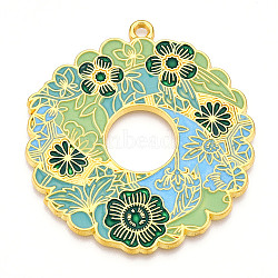 Rack Plating Alloy Enamel Big Pendants, Cadmium Free & Nickel Free & Lead Free, Flower Charms, Golden, Light Green, 57x52x2mm, Hole: 2.5mm(ENAM-N056-394E-G)