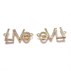 Brass Micro Pave Cubic Zirconia Links connectors, Word LOVE, Clear, Golden, 11x25x2.2mm, Hole: 1mm(ZIRC-k081-71G)