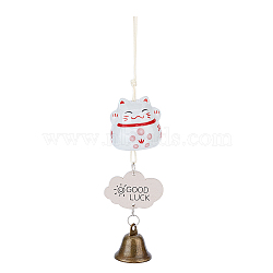 Porcelain Maneki Neko Wind Chimes, Alloy Bell Hanging Ornament for Landscape Outdoor Balcony Decoration, with Wood Lucky Card, White, 255mm, Cat: 50x51mm(HJEW-WH0068-03B)