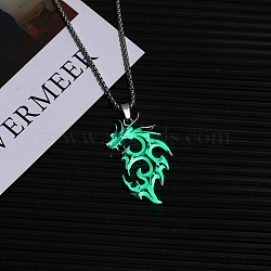 Stainless Steel Box Chain Necklaces, Luminous Dragon Flame Pandant Necklace, Green, 23.62 inch(60cm)(FS-WG27931-01)