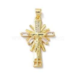 Brass Micro Pave Clear Cubic Zirconia Pendants, Cross, Real 18K Gold Plated, 32x20.5x4mm, Hole: 4x3.5mm(KK-A212-11A-G)