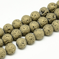 Electroplate Natural Lava Rock Beads Strands, Matte Style, Round, Light Gold Plated, 6~7mm, Hole: 1mm, about 60pcs/strand, 14.7~15.1 inch(G-T058-03D-6MM)