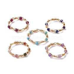 Round Natural Ruby & Magnesite & Tourmaline & Amethyst & Lapis Lazuli Finger Ring, Copper Wire Wrapped Ring for Women, 4mm, Inner Diameter: 20mm(RJEW-JR00740)