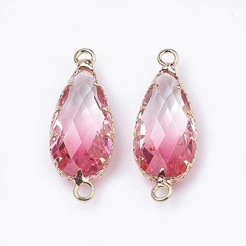 K9 Glass Links connectors, Imitation Tourmaline, with Golden Tone Brass Findings, Faceted, teardrop, Hot Pink, 28x10.5x6mm, Hole: 2mm