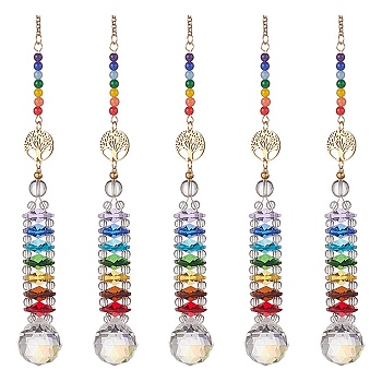 Glass Teardrop Window Hanging Suncatchers, with Malaysia Jade & Quartz Crystal & 7 Chakra Glass Beads, Tree of Life Pendants Decorations Ornaments, Colorful, 369x20.5mm