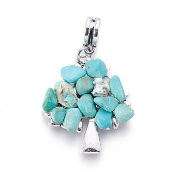 Alloy European Dangle Charms, with Synthetic Turquoise Chips, Tree, Antique Silver, 40mm, Hole: 4.5mm, 28x24x4~5mm