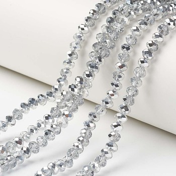 Electroplate Transparent Glass Beads Strands, Half Silver Plated, Faceted, Rondelle, Clear, 10x8mm, Hole: 1mm, about 62pcs/strand, 22.05 inch(56cm)